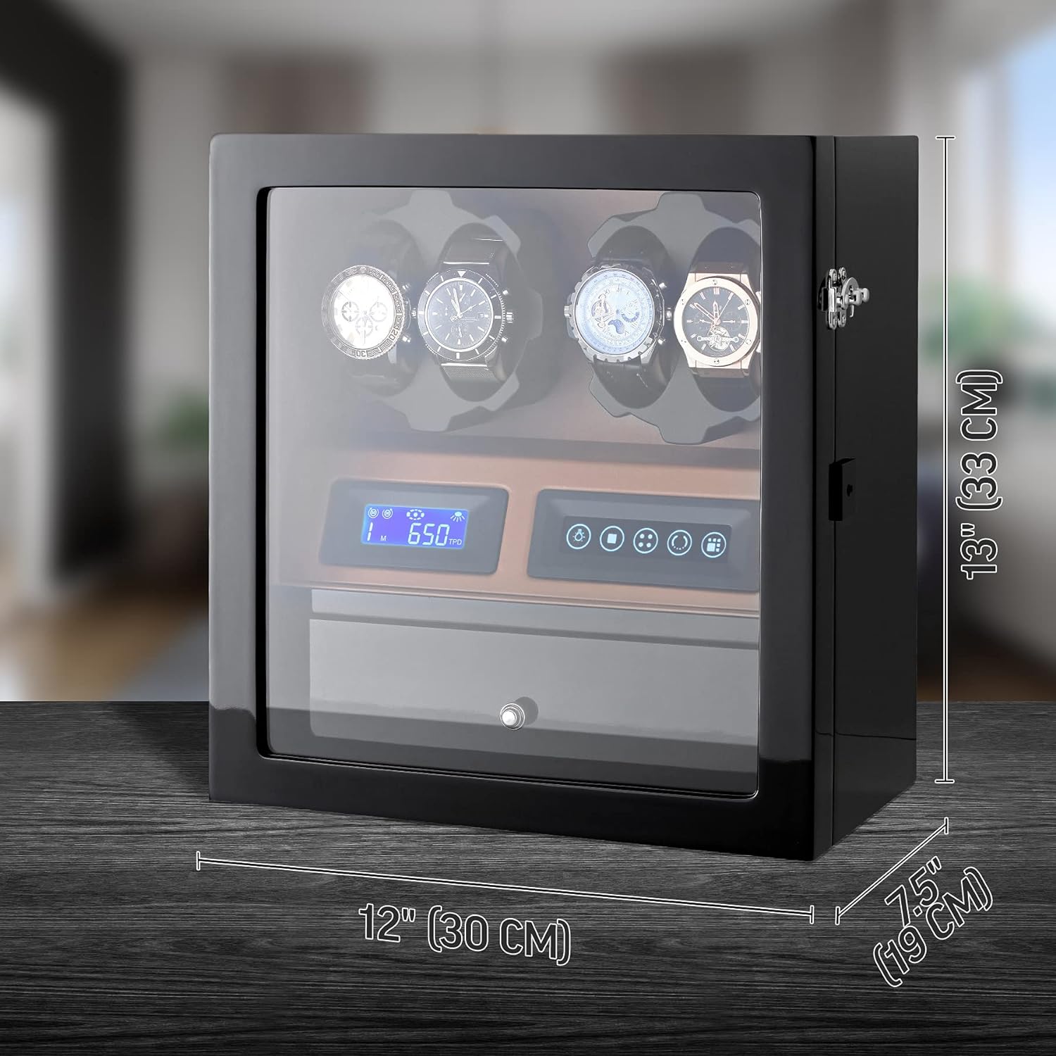 4 Watch Winder with 5 Watch Storage Space, LCD Display, Touch Control and Interior Backlight