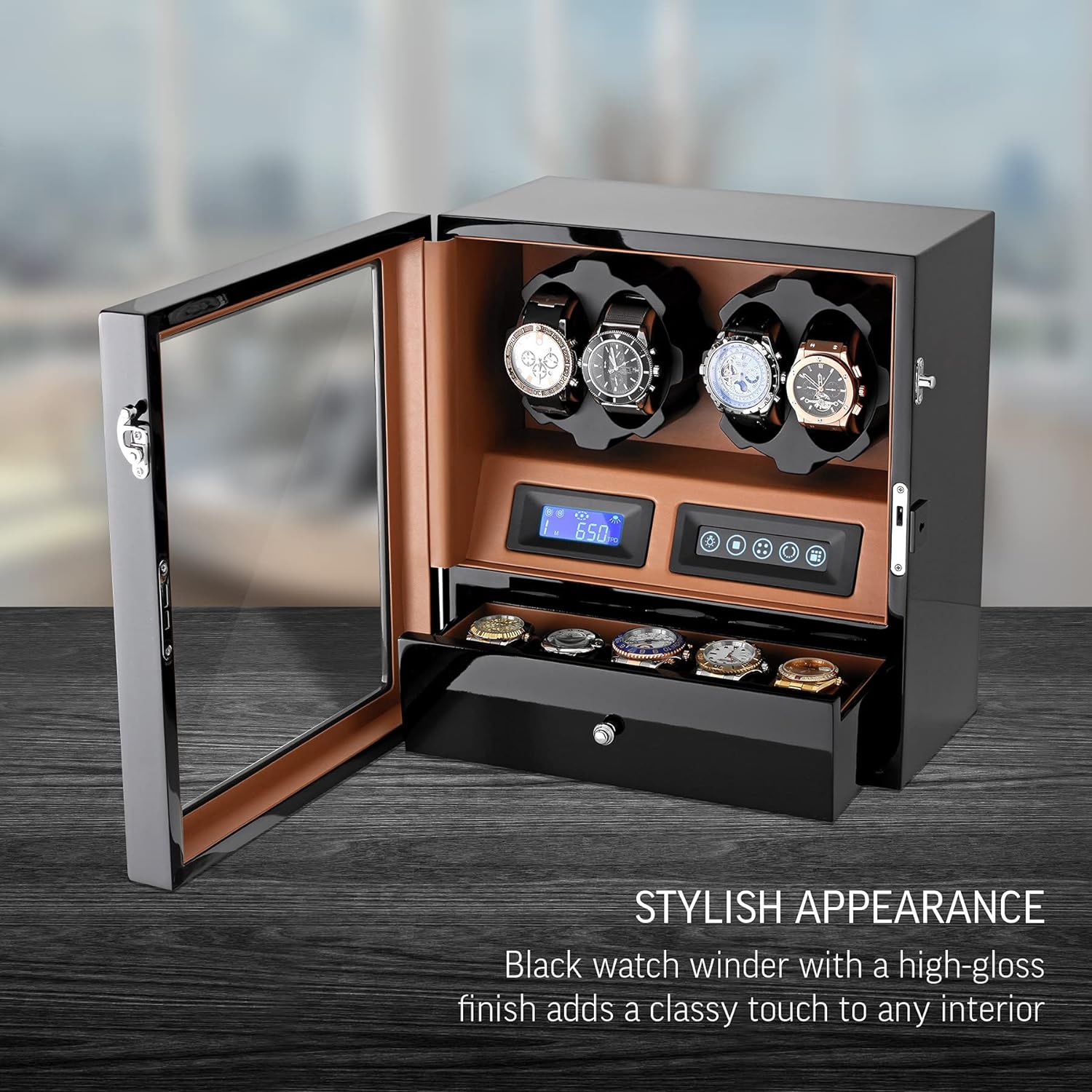 4 Watch Winder with 5 Watch Storage Space, LCD Display, Touch Control and Interior Backlight