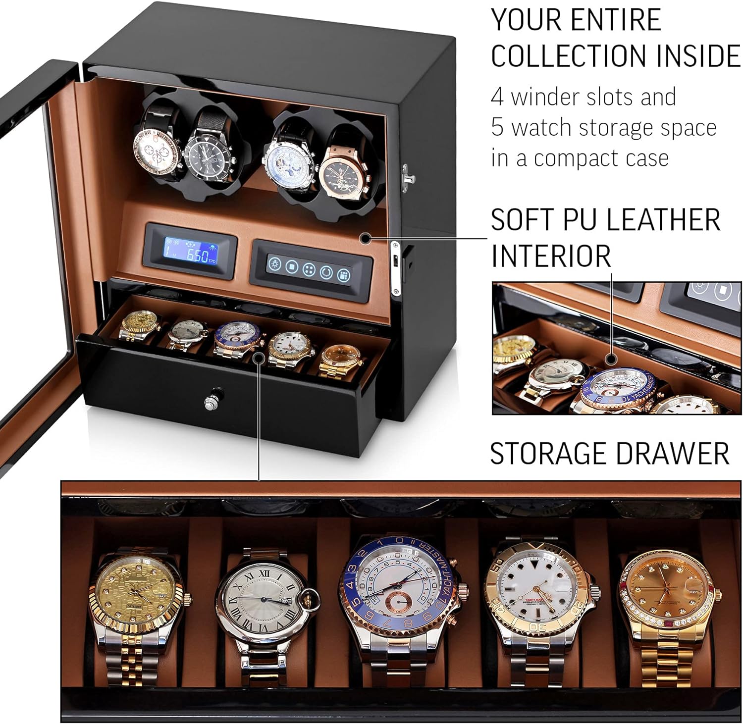 4 Watch Winder with 5 Watch Storage Space, LCD Display, Touch Control and Interior Backlight