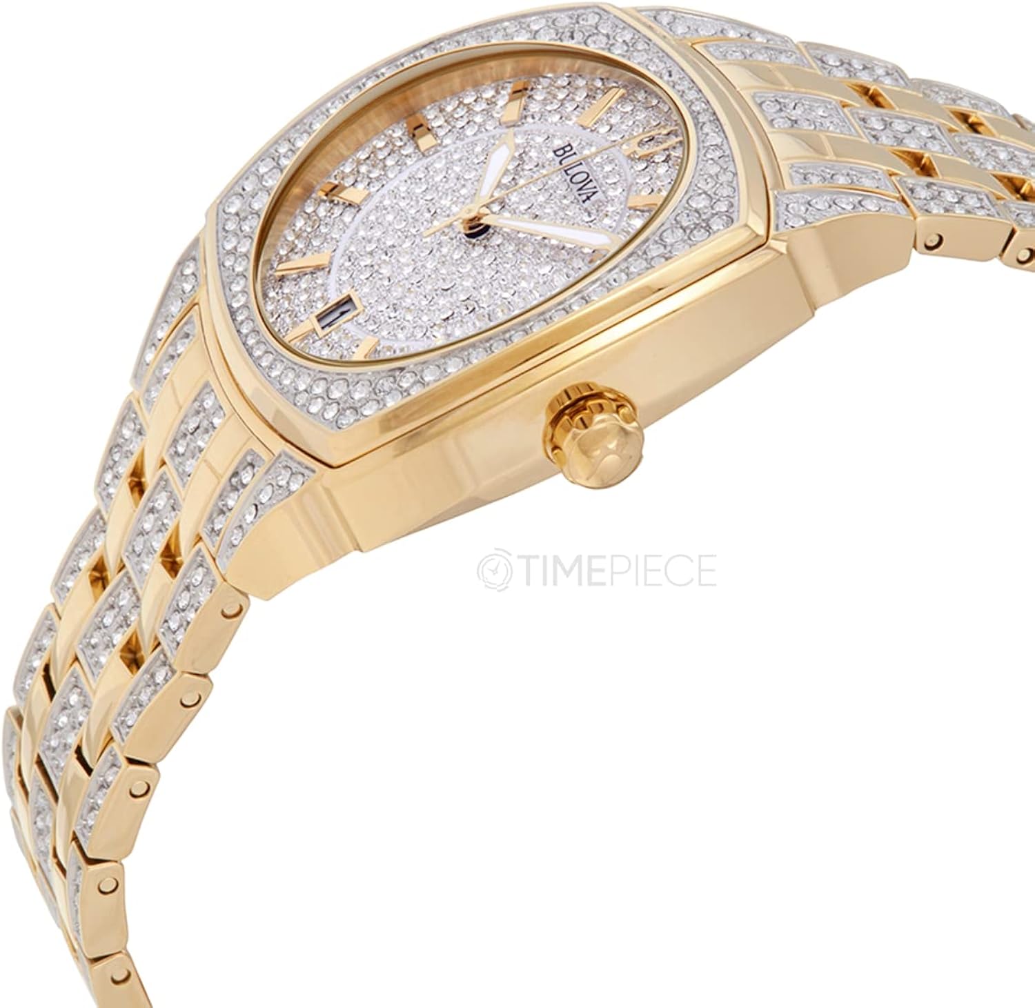 Bulova Mens Crystal Phantom 3-Hand Date Quartz Cushion Shaped Case Watch, Pave Crystal Dial, 40mm