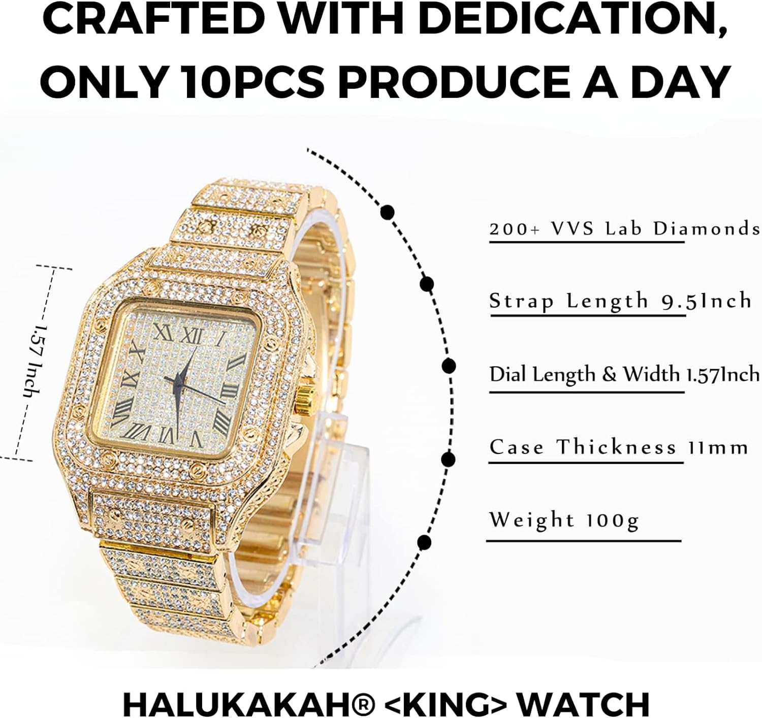 Halukakah Men’s Diamond Watch - The King - 18K Gold/Platinum Plated, 40MM Square Dial, Iced Out Wristband, Lab Diamonds Handset, with Cuban Link Chain Necklace and Bracelet Set Optional, Comes in Giftbox