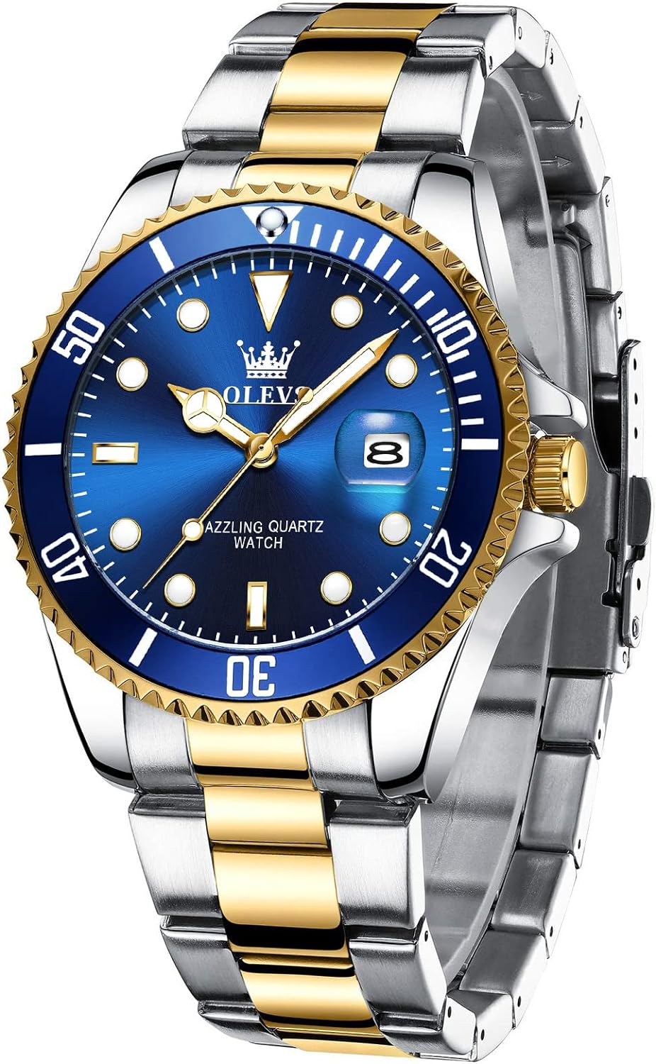 Men’s Watches with Date, Stainless Steel Band, 41mm Unidirectional Rotating Bezel Large Face Case, Quartz Analog Waterproof Luminous Wrist Watch, Two Tone Dress Relojes de Hombre [Green/Black/Blue Dial Watches for Men]