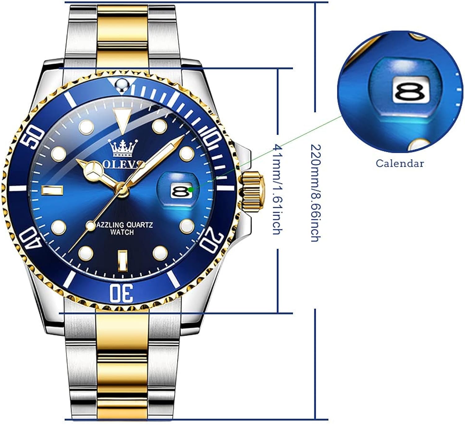 Men’s Watches with Date, Stainless Steel Band, 41mm Unidirectional Rotating Bezel Large Face Case, Quartz Analog Waterproof Luminous Wrist Watch, Two Tone Dress Relojes de Hombre [Green/Black/Blue Dial Watches for Men]