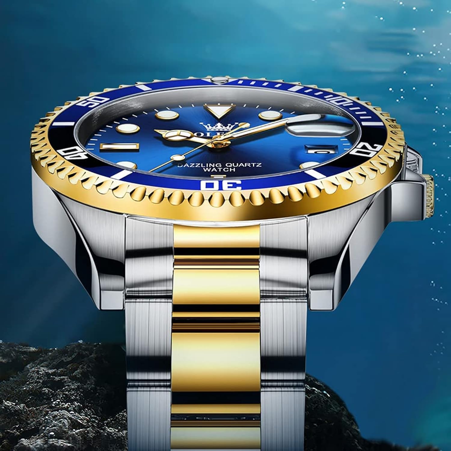 Men’s Watches with Date, Stainless Steel Band, 41mm Unidirectional Rotating Bezel Large Face Case, Quartz Analog Waterproof Luminous Wrist Watch, Two Tone Dress Relojes de Hombre [Green/Black/Blue Dial Watches for Men]