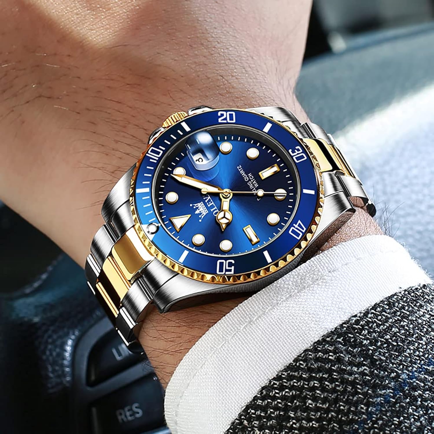 Men’s Watches with Date, Stainless Steel Band, 41mm Unidirectional Rotating Bezel Large Face Case, Quartz Analog Waterproof Luminous Wrist Watch, Two Tone Dress Relojes de Hombre [Green/Black/Blue Dial Watches for Men]