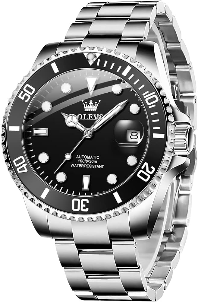 OLEVS Automatic Watch for Men, Big Face Business Casual Mens Self Winding Watch with Date, Classic Rotatable Bezel Luminous Waterproof Dress Watch for Men, Stainless Steel Band