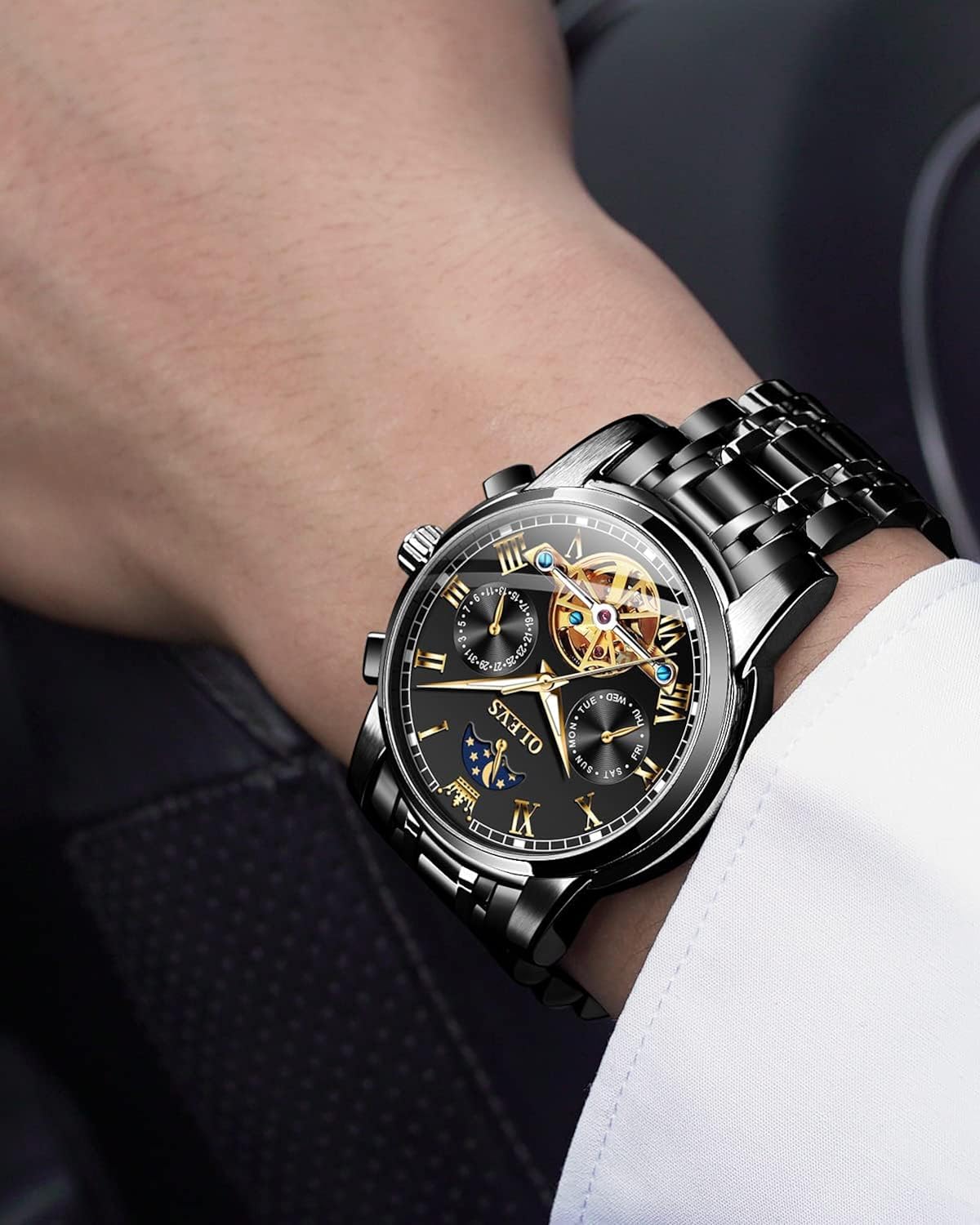 OLEVS Mens Automatic Watches Skeleton Tourbillon Mechanical Self Winding Luxury Dress Wrist Watch Moon Phase Day Date Waterproof Luminous Watch Gifts