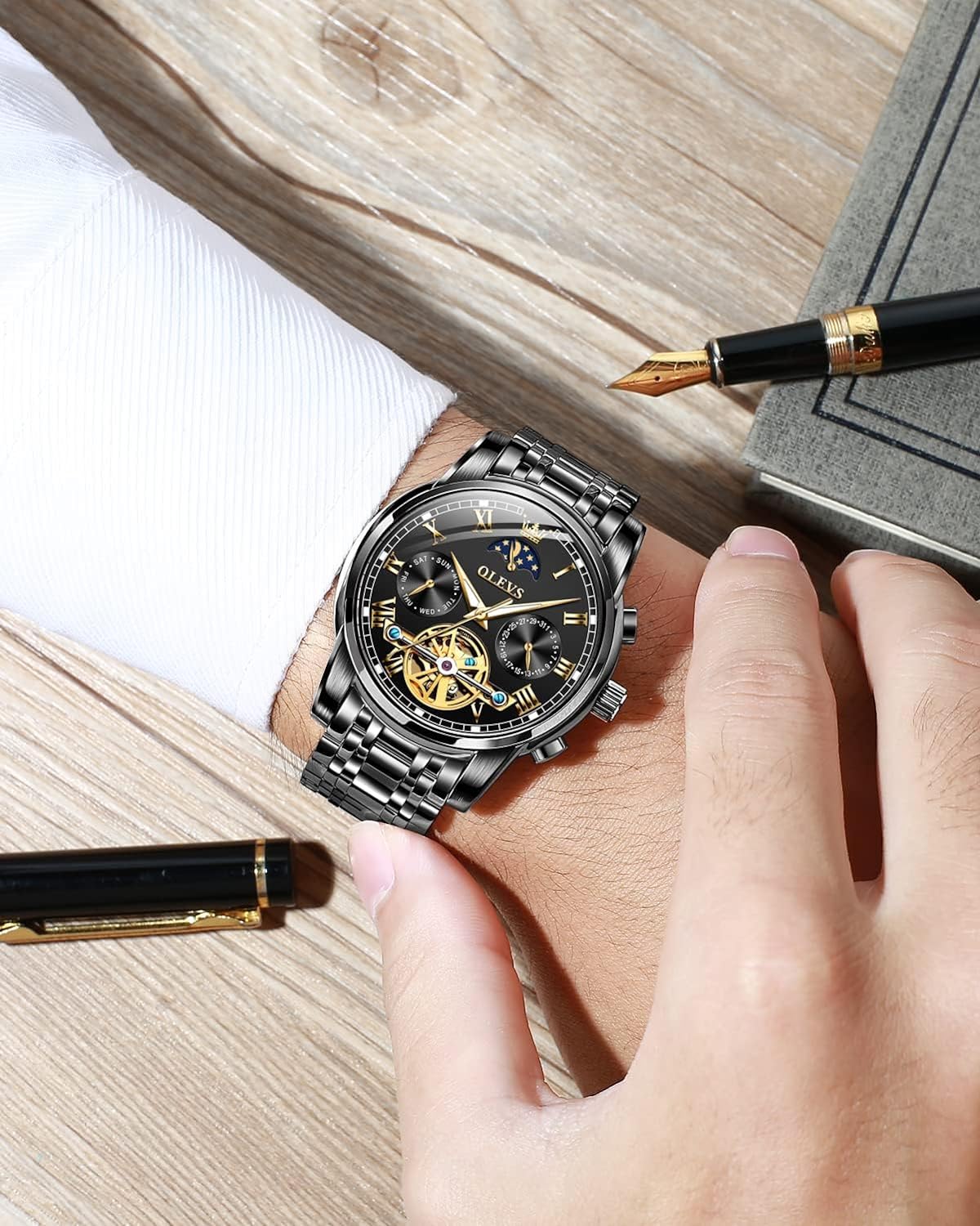 OLEVS Mens Automatic Watches Skeleton Tourbillon Mechanical Self Winding Luxury Dress Wrist Watch Moon Phase Day Date Waterproof Luminous Watch Gifts