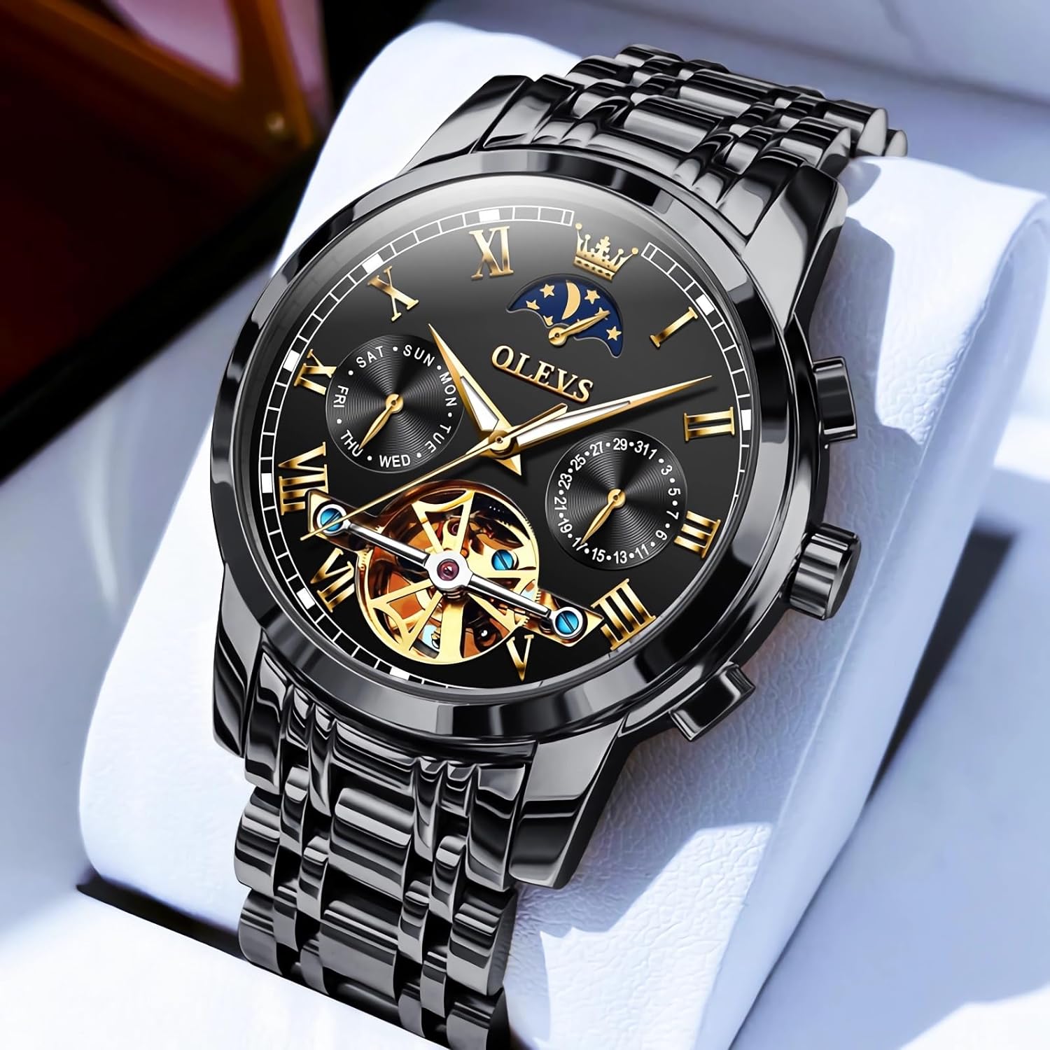 OLEVS Mens Automatic Watches Skeleton Tourbillon Mechanical Self Winding Luxury Dress Wrist Watch Moon Phase Day Date Waterproof Luminous Watch Gifts