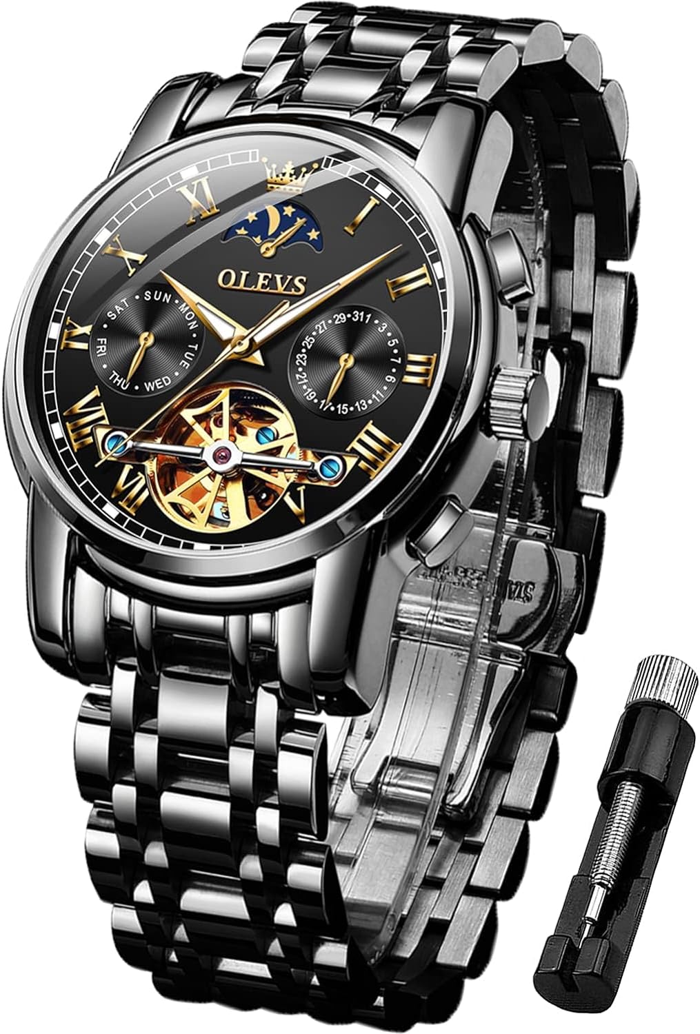 OLEVS Mens Automatic Watches Skeleton Tourbillon Mechanical Self Winding Luxury Dress Wrist Watch Moon Phase Day Date Waterproof Luminous Watch Gifts