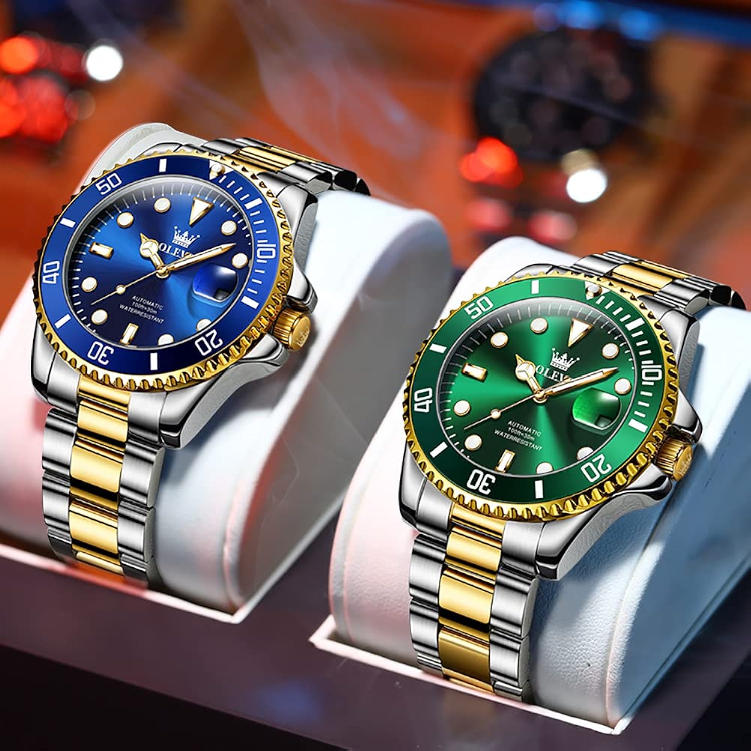 【Upgrade】OLEVS Mens Automatic Watches,Classic Business Big Face Self Winding Mechanical Watch with Date,Luxury Unidirectional Rotating Bezel Waterproof Large Luminous Pointer Watch for Men,Gold Silver Band