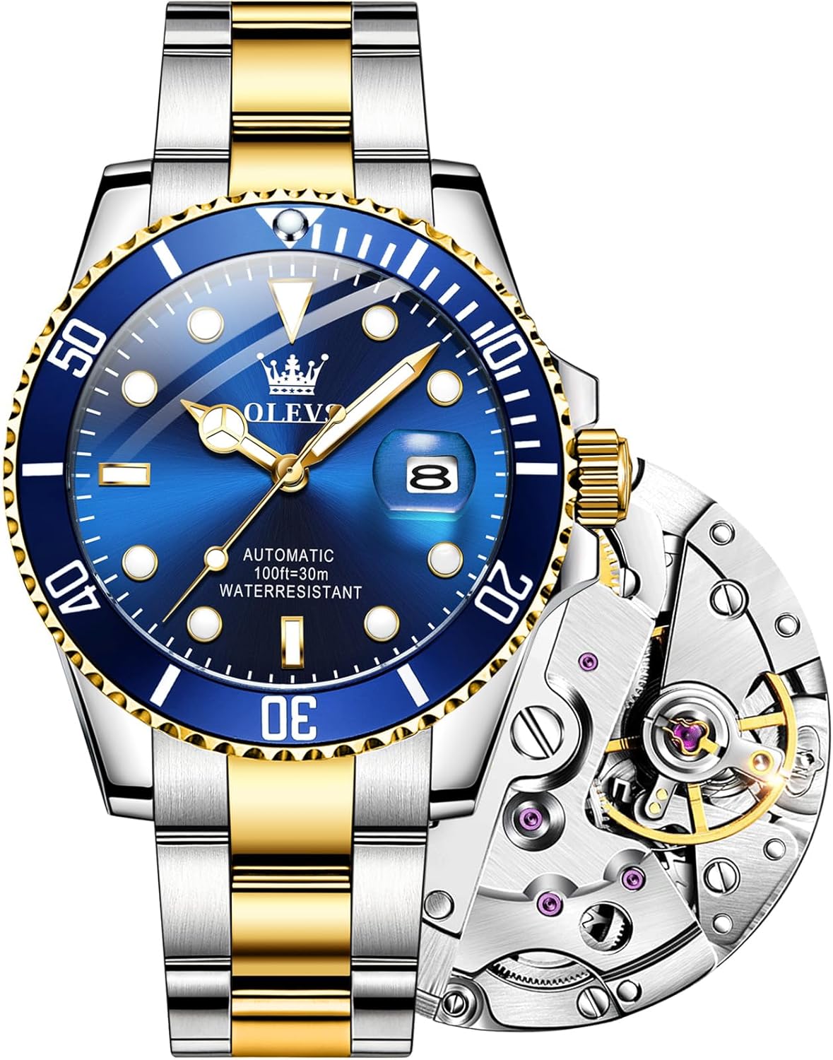 【Upgrade】OLEVS Mens Automatic Watches,Classic Business Big Face Self Winding Mechanical Watch with Date,Luxury Unidirectional Rotating Bezel Waterproof Large Luminous Pointer Watch for Men,Gold Silver Band