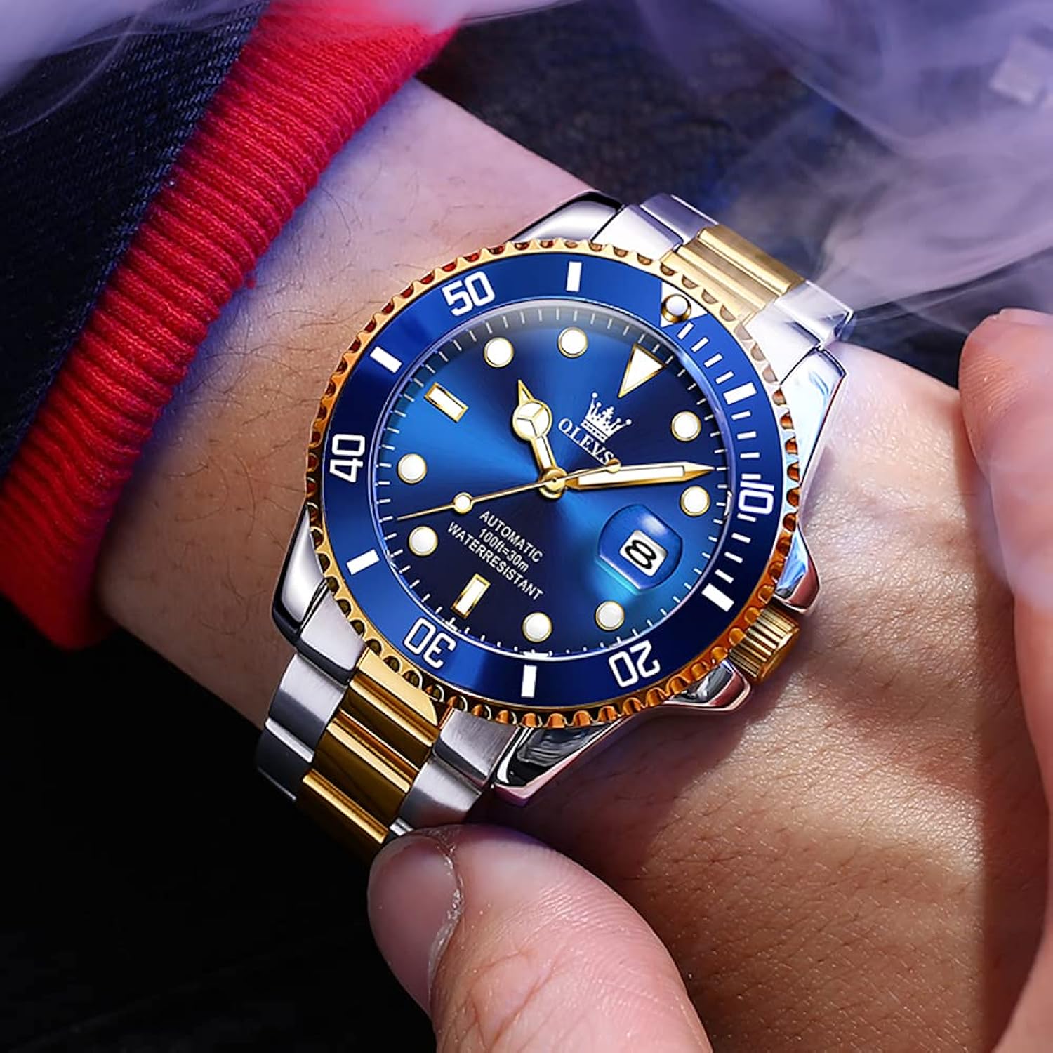 【Upgrade】OLEVS Mens Automatic Watches,Classic Business Big Face Self Winding Mechanical Watch with Date,Luxury Unidirectional Rotating Bezel Waterproof Large Luminous Pointer Watch for Men,Gold Silver Band