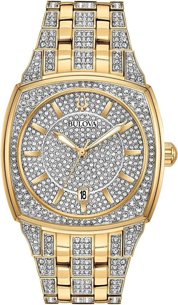 Bulova Mens Crystal Phantom 3-Hand Date Quartz Cushion Shaped Case Watch, Pave Crystal Dial, 40mm
