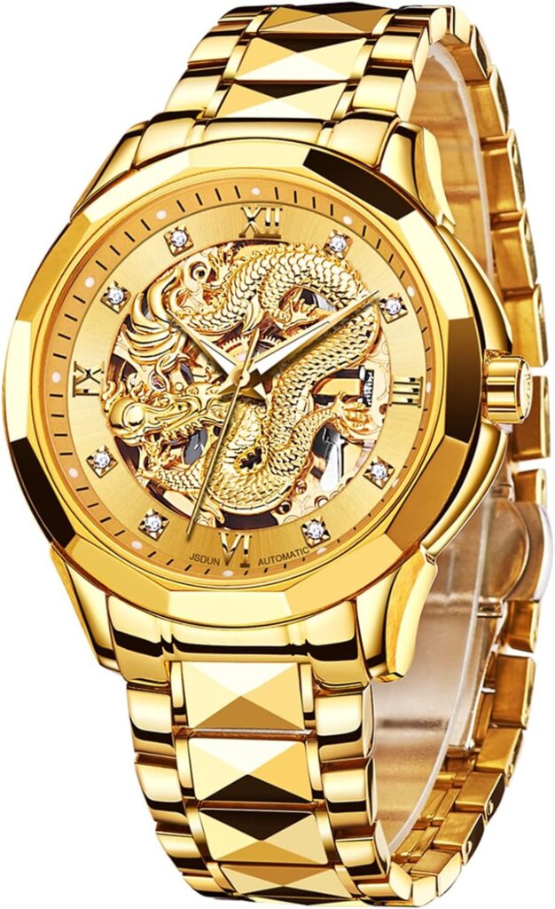 OLEVS Watches for Men Gold Automatic Watches Mens Dragon Skeleton Mechanical Luxury Watch Business Dress with Tungsten Steel Luminous 160FT Waterproof Diamond Fashion Wrist Watch Gold