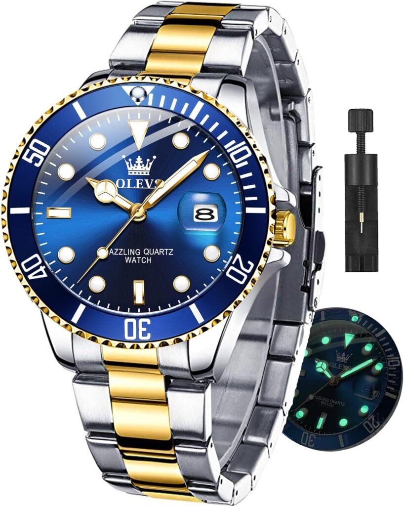 OLEVS Watches for Men with Date Luxury Big Face Waterproof Mens Wristwatch Analog Dress Two Tone Stainless Steel Man Watch Luminous Relojes De Hombre Calendar(Green/Blue/Black Dial