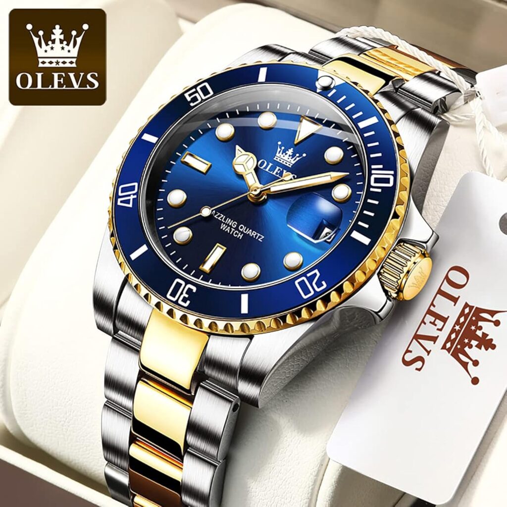 OLEVS Watches for Men with Date Luxury Big Face Waterproof Mens Wristwatch Analog Dress Two Tone Stainless Steel Man Watch Luminous Relojes De Hombre Calendar(Green/Blue/Black Dial