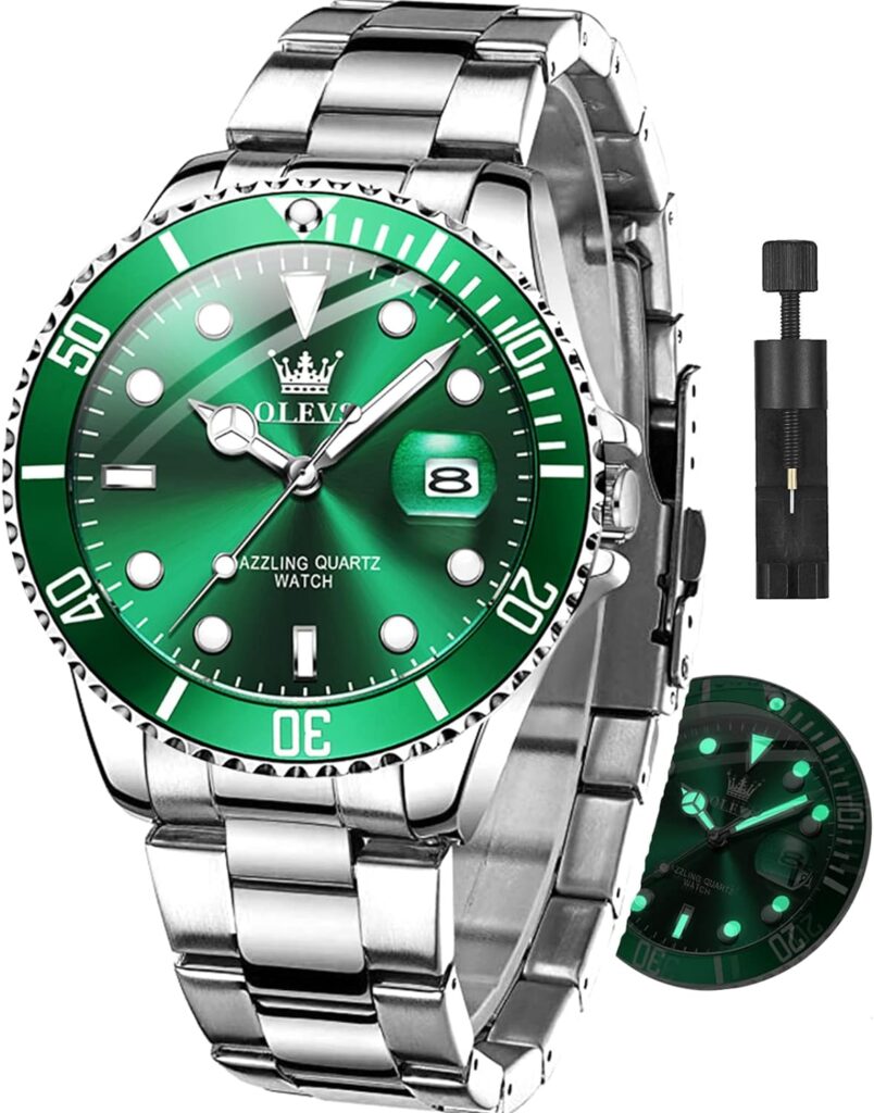 OLEVS Watches for Men with Date Luxury Big Face Waterproof Mens Wristwatch Analog Dress Two Tone Stainless Steel Man Watch Luminous Relojes De Hombre Calendar(Green/Blue/Black Dial